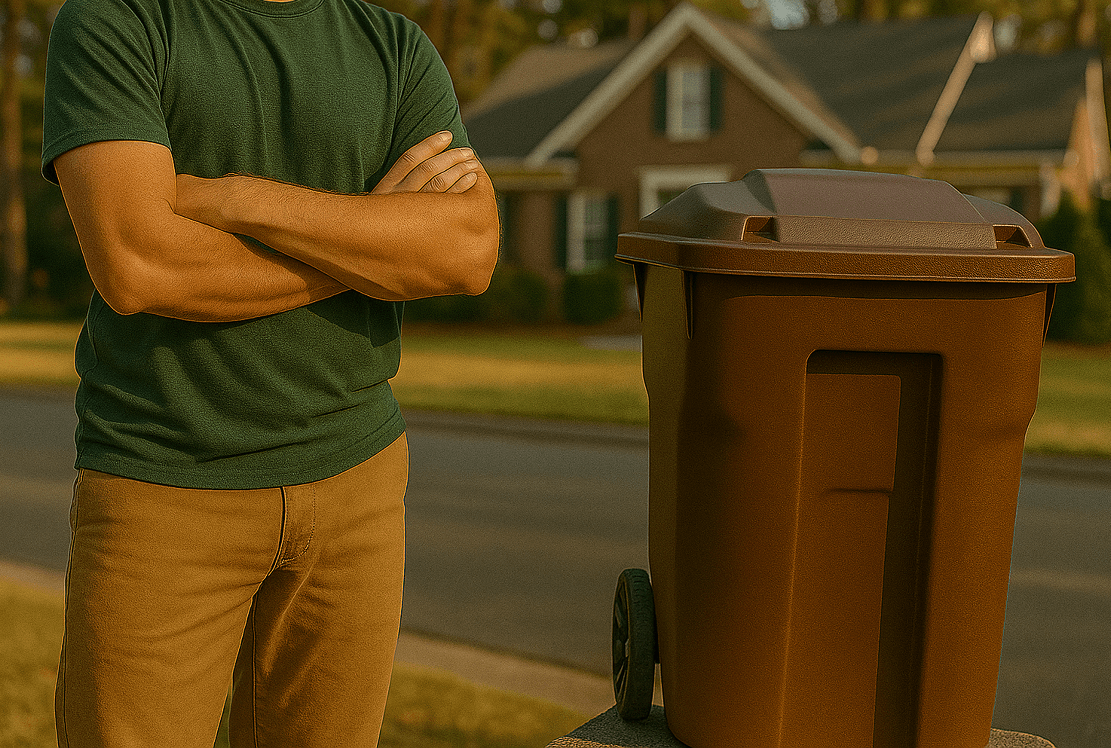 Trash cans lined up for curbside pickup in a residential neighborhood.